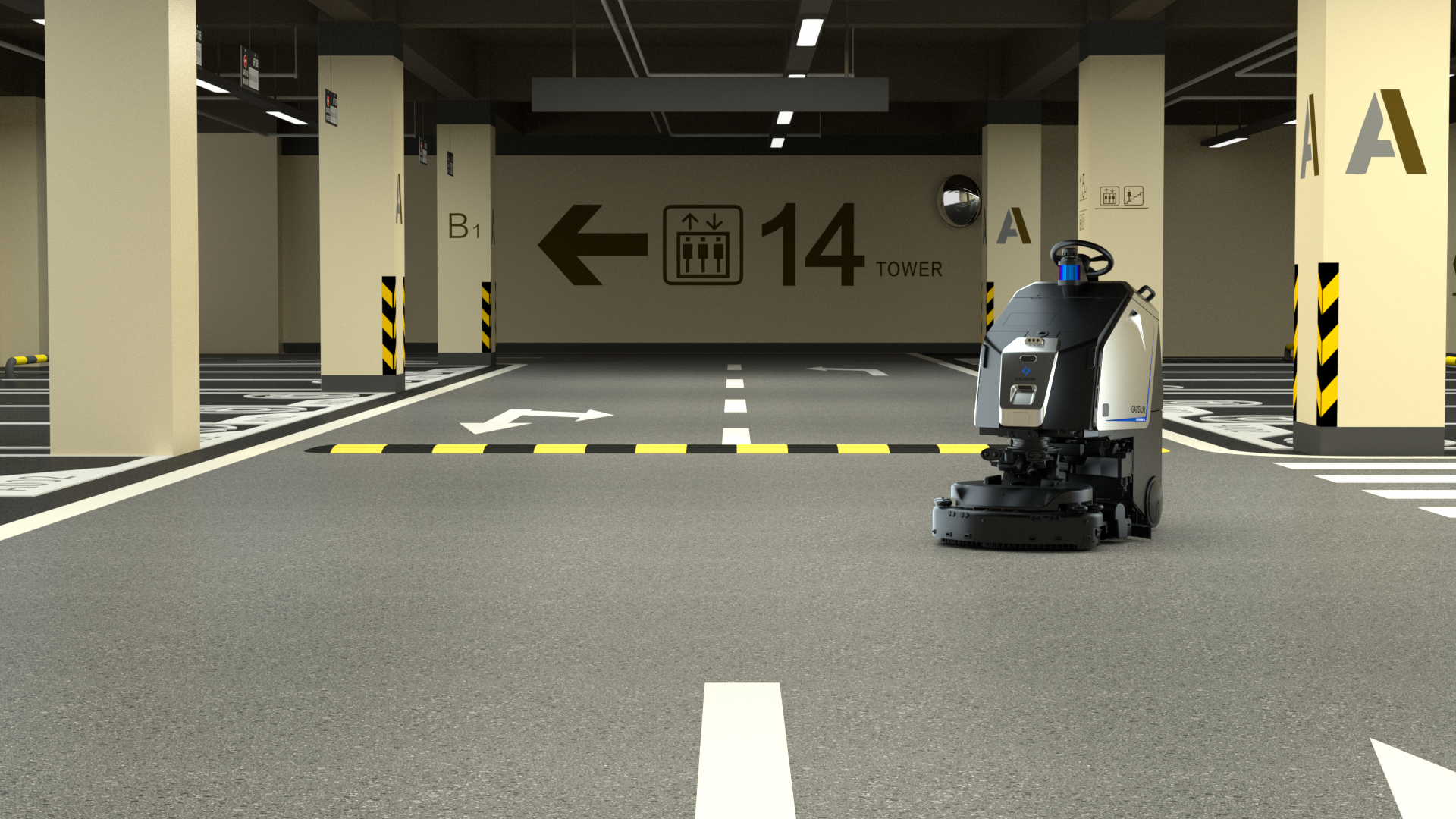 Autonomous robotic floor cleaner operating in an underground parking facility.
